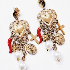 Orecchini cuore sacro, Madonnina, cornino e perle