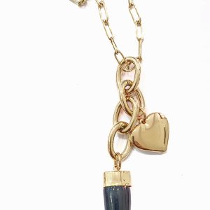 Collana catena graffetta con cuore bombato e corno nero