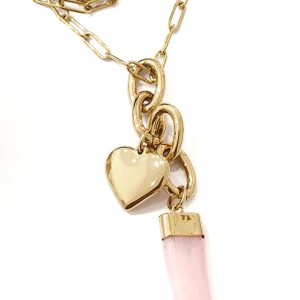 Collana catena graffetta con cuore bombato e corno rosa