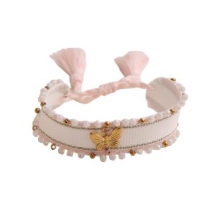 Bracciale farfalla (bianco, nappine rosa)