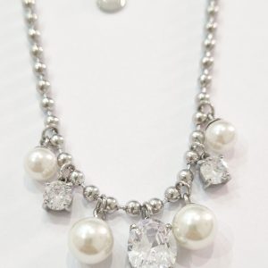 Girocollo catena pallini con perle e zirconi bianchi (silver)