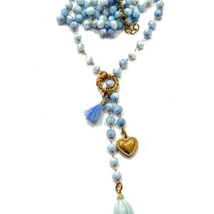 Collana bocciolo fiore e catena cristalli azzurri con nappina e cupricino (collezione Parigi)