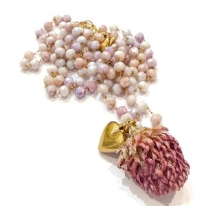 Collana lunga bocciolo fiore con catena cristalli pastello rosa/lilla con cuore (collezione Parigi)