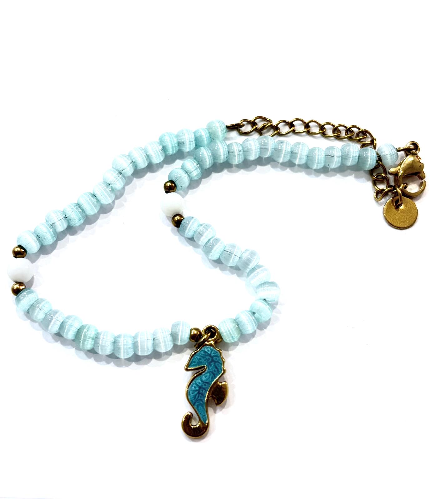 Bracciale acqua marina con cavalluccio marino smaltato azzurro