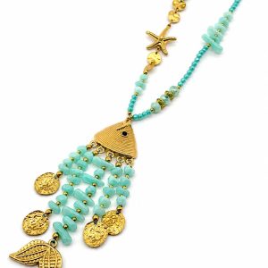 Collana lunghissima cristalli azzurri con pesce