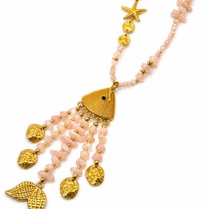 Collana lunghissima cristalli rosa con pesce