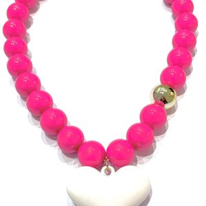 Collane maxi sfere fucsia con cuore bianco